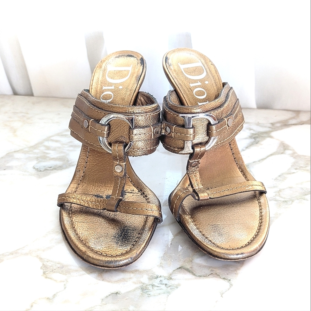 Vintage Y2K Christian Dior Metallic Bronze T Strap CD Logo Leather Heels Sandals